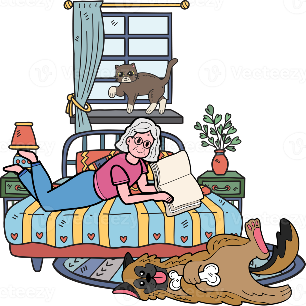Hand Drawn Elderly reading books with dogs and cats illustration in doodle style png