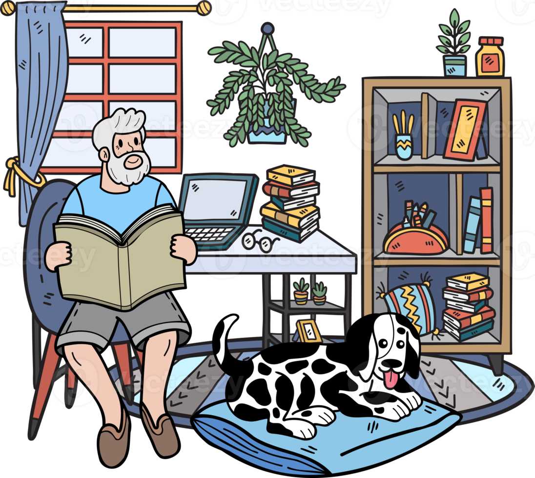 Hand Drawn Elderly reading a book with a dog illustration in doodle style png