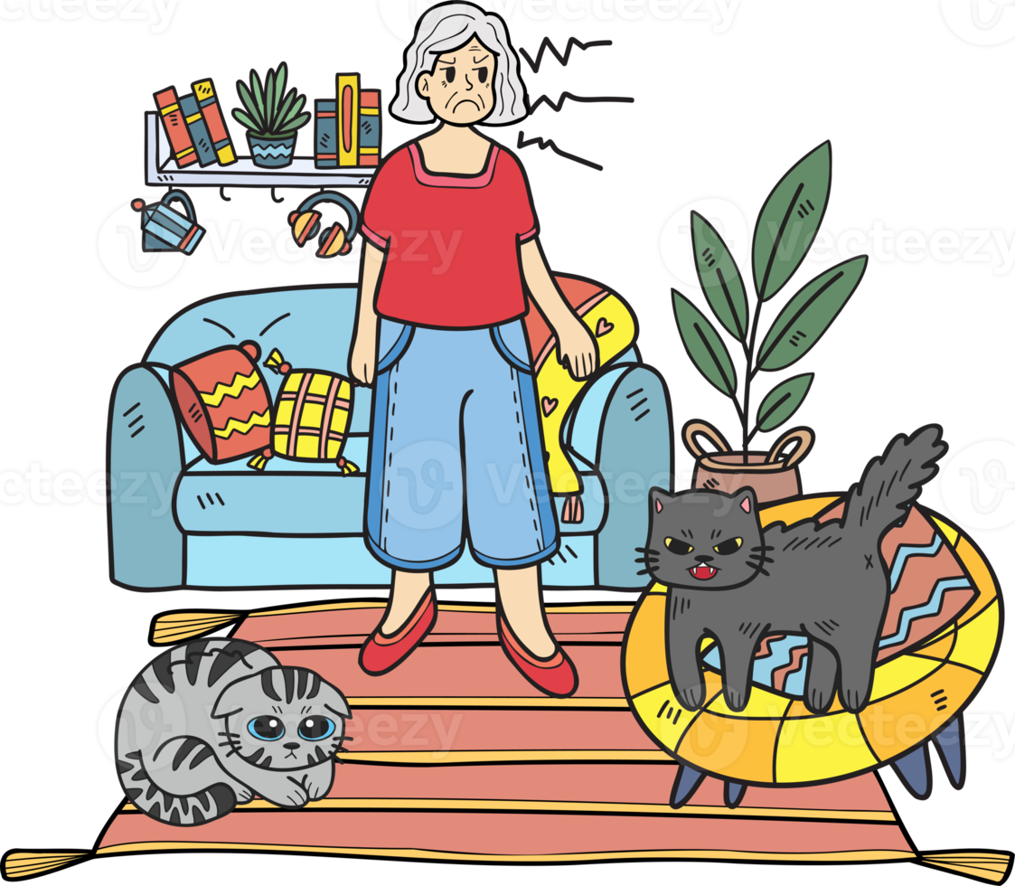 Hand Drawn Elderly scolded the cat illustration in doodle style png