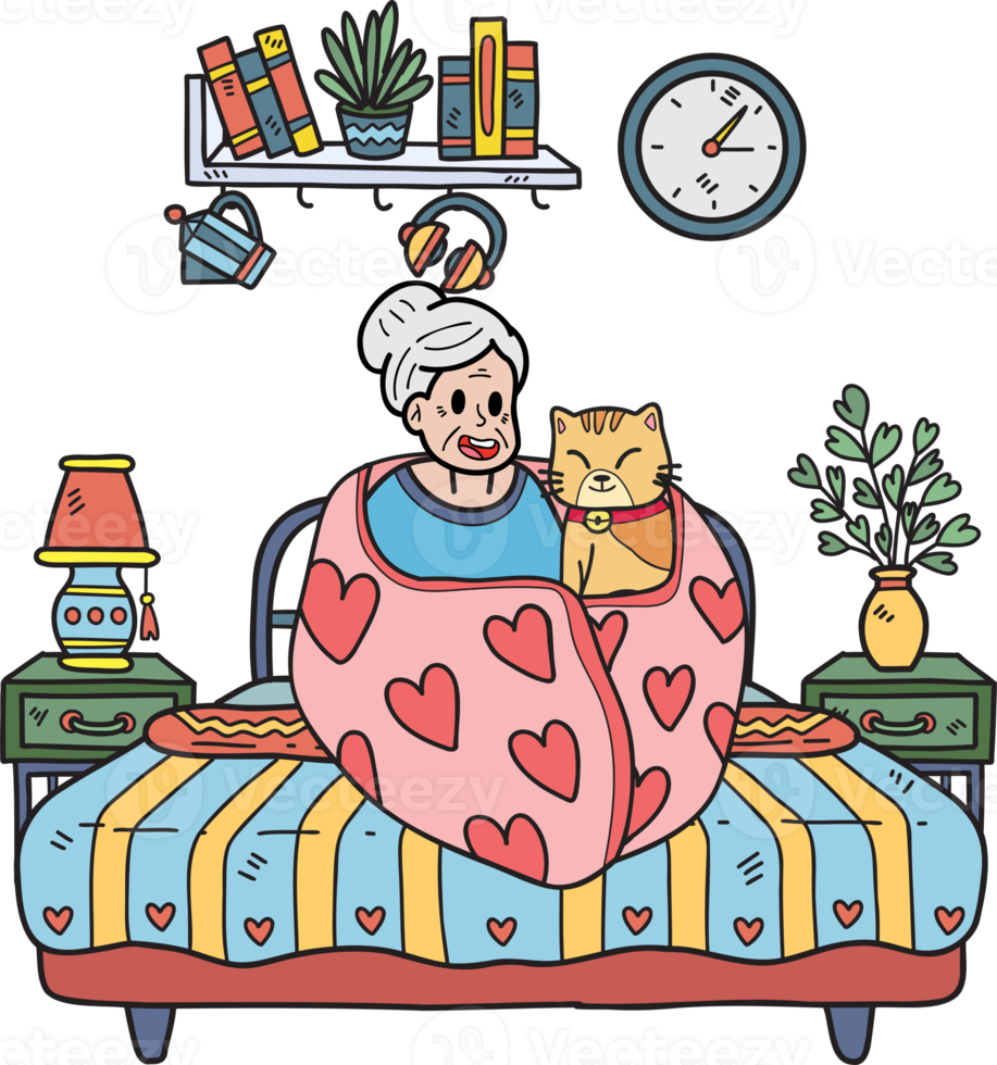 Hand Drawn Elderly holding a cat illustration in doodle style png