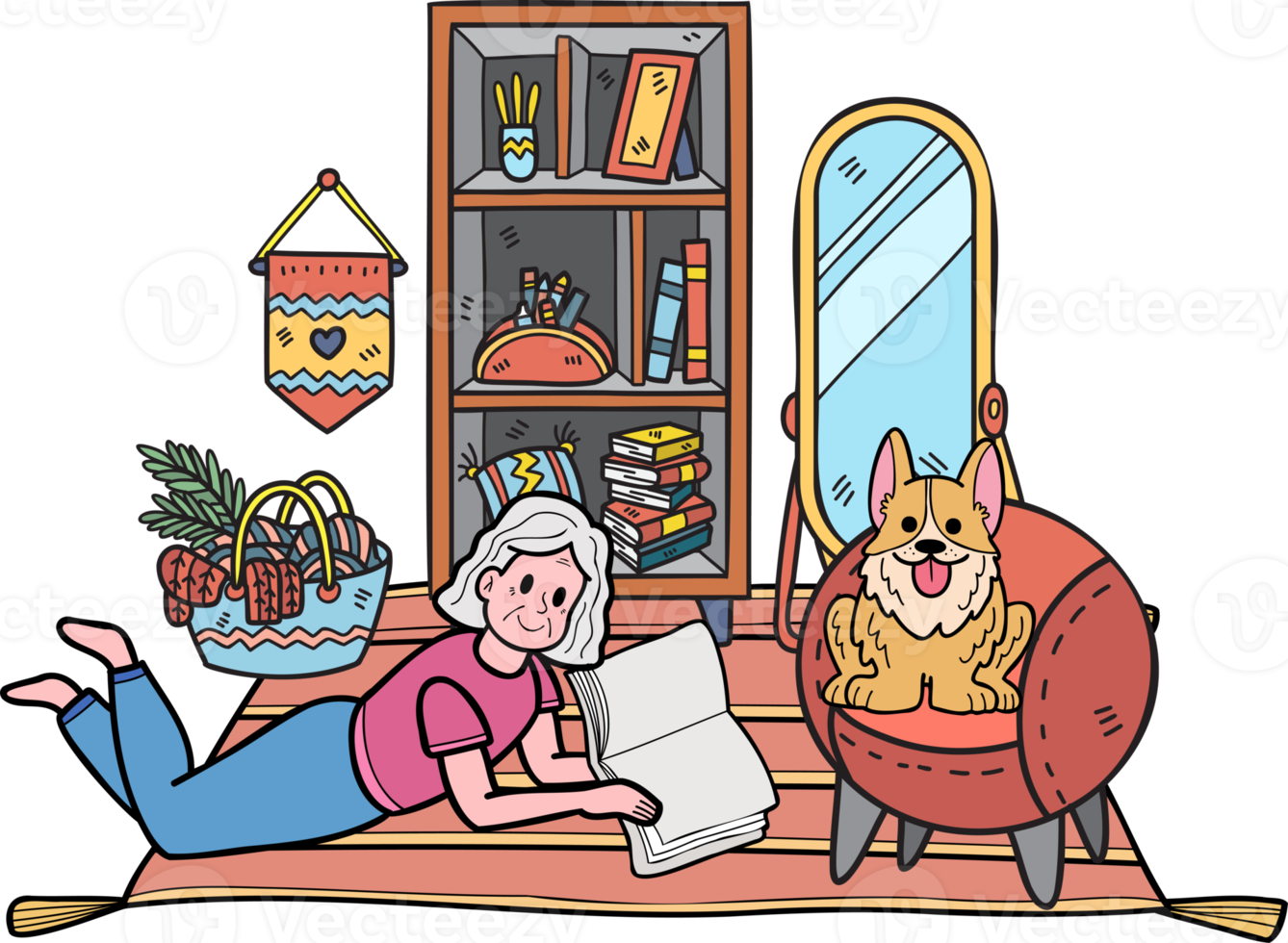 Hand Drawn Elderly reading a book with a dog illustration in doodle style png