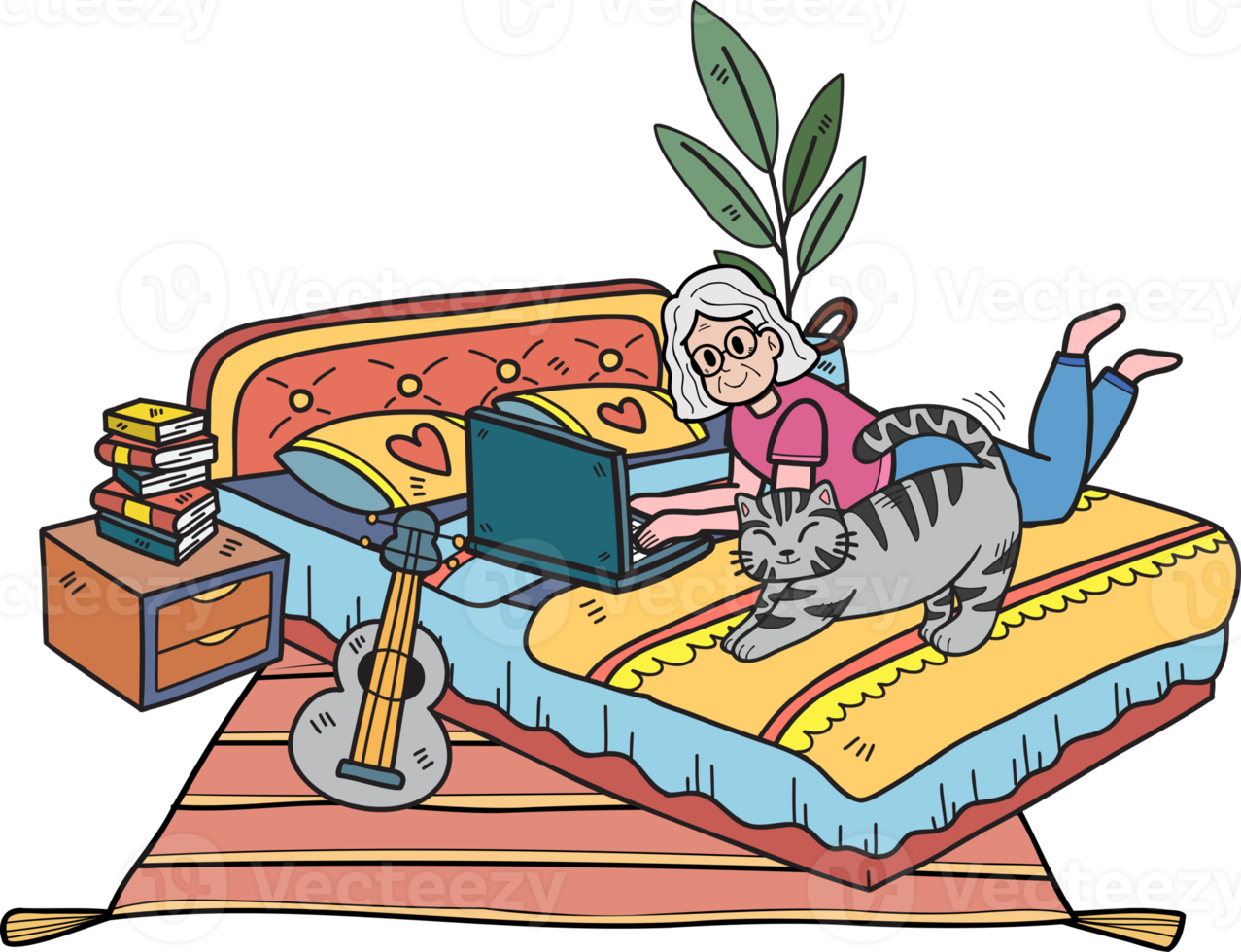 Hand Drawn Elderly working in a room with cats illustration in doodle style png