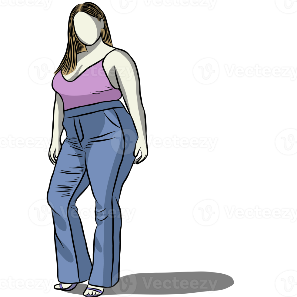 Line drawing of cartoon character.Woman plus size. png