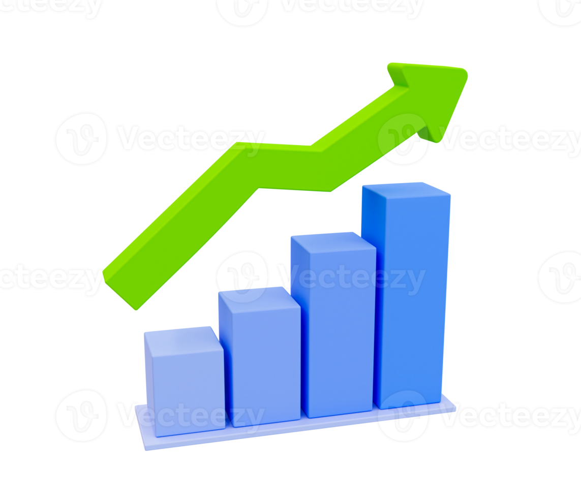 3d minimal data analysis icon. soaring finances. stock up. Strengthening currency. A bar graph with an arrow up. 3d illustration. png