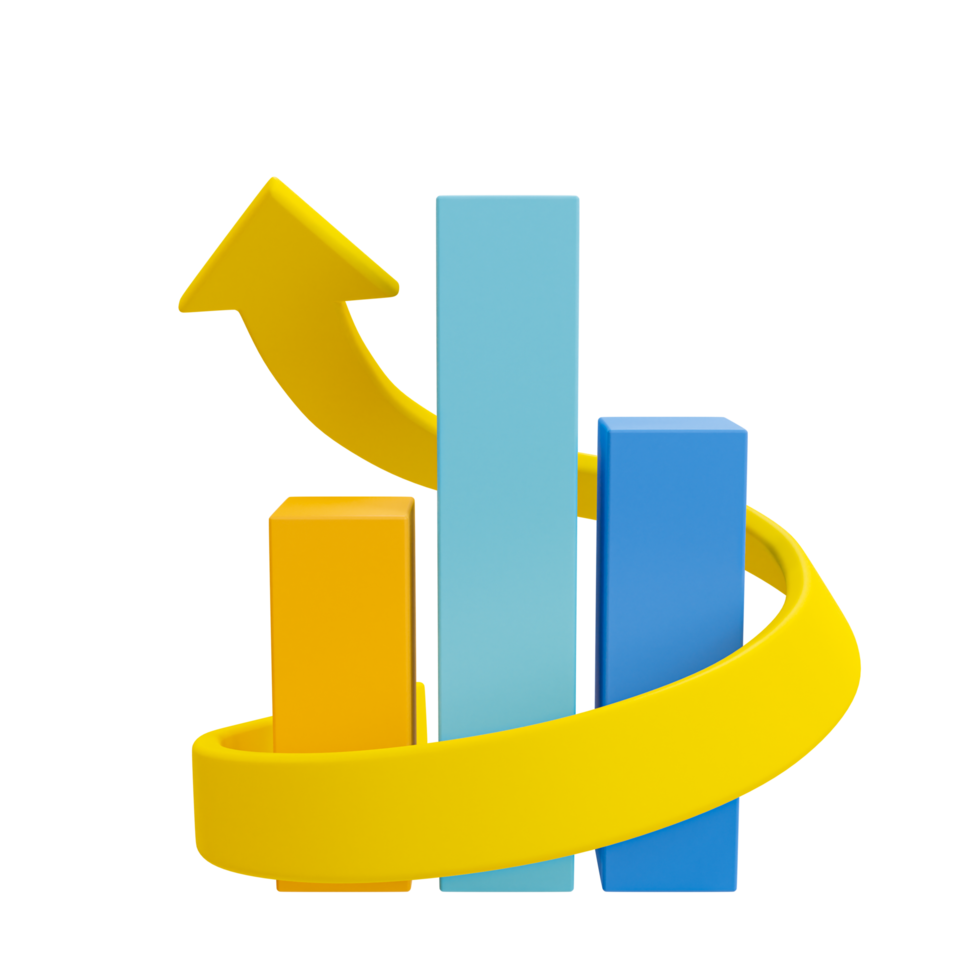 3d blanco bar diagram sjabloon. bar tabel bespotten omhoog. gegevens analyse. kleurrijk statistisch bar tabel met een pijl omhoog. 3d illustratie. png