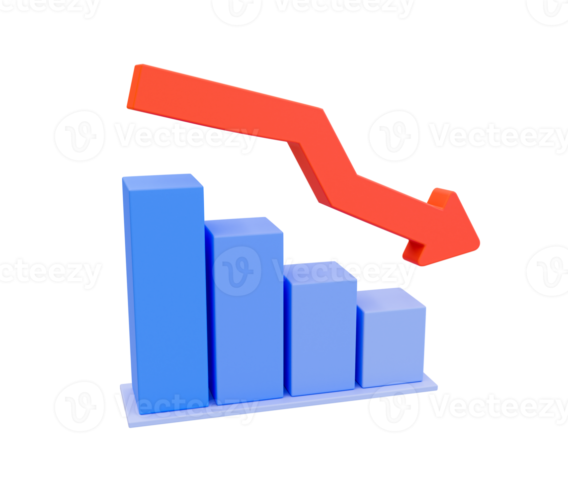 3d minimal data analys ikon. finansiell ner. stock ner. avskrivning begrepp. en bar Graf med ett pil ner. 3d illustration. png