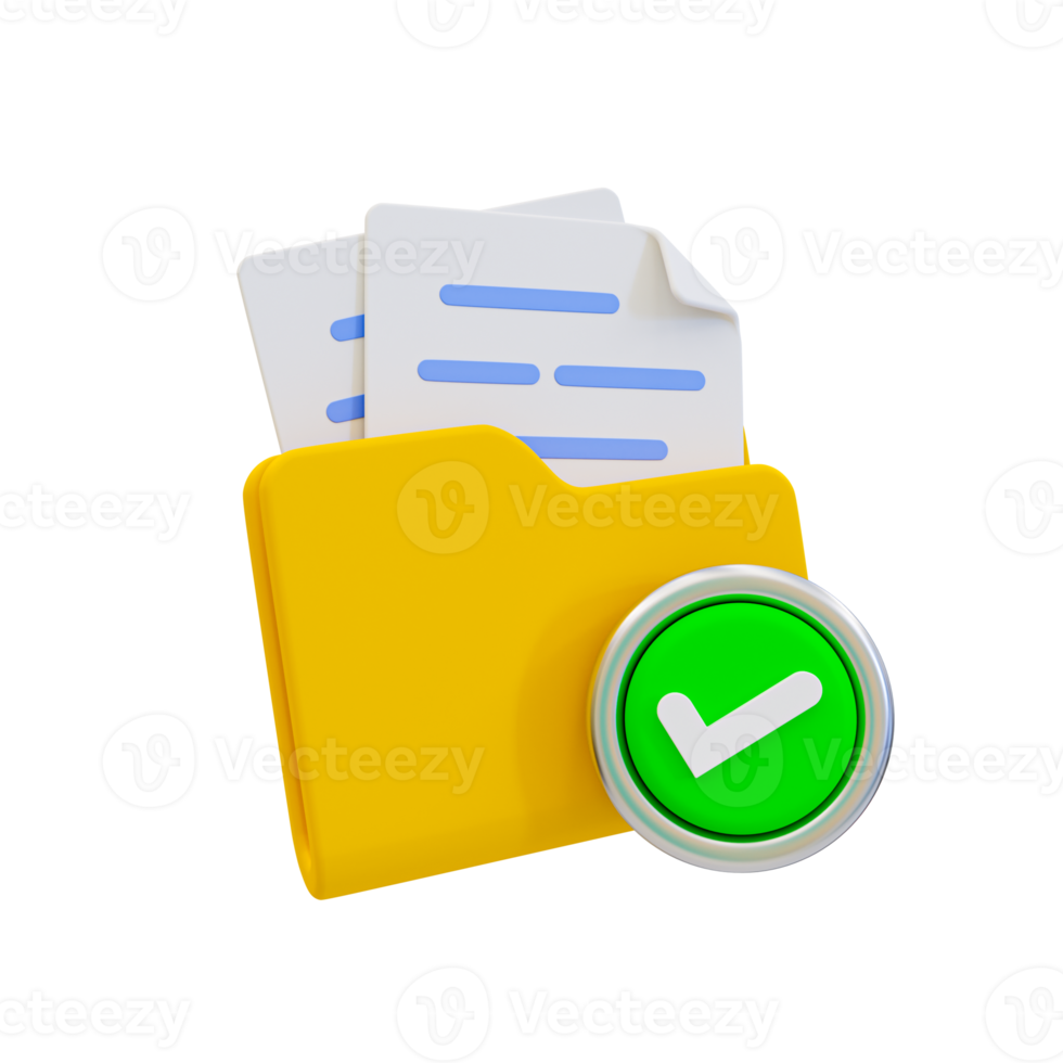 3d file corretta. lavoro d'ufficio approvato. documento con un' verde dai un'occhiata marchio. 3d illustrazione. png