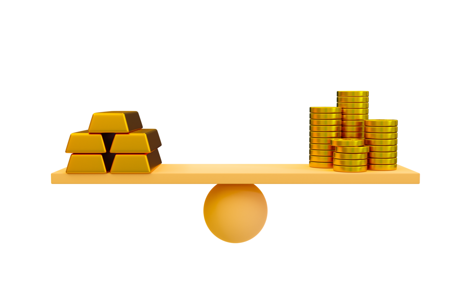 3d minimal comparison between money and gold. Valuation of money and bullion. a pile of coins and a pile of gold bars on a seesaw. 3d rendering illustration. png