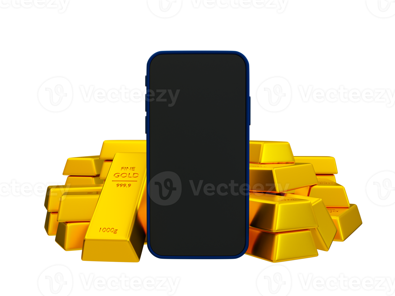 3d realistic smartphone with gold bars. gold price forecast concept. blank screen mobile phone with a pile of bullion. 3d rendering illustration. png