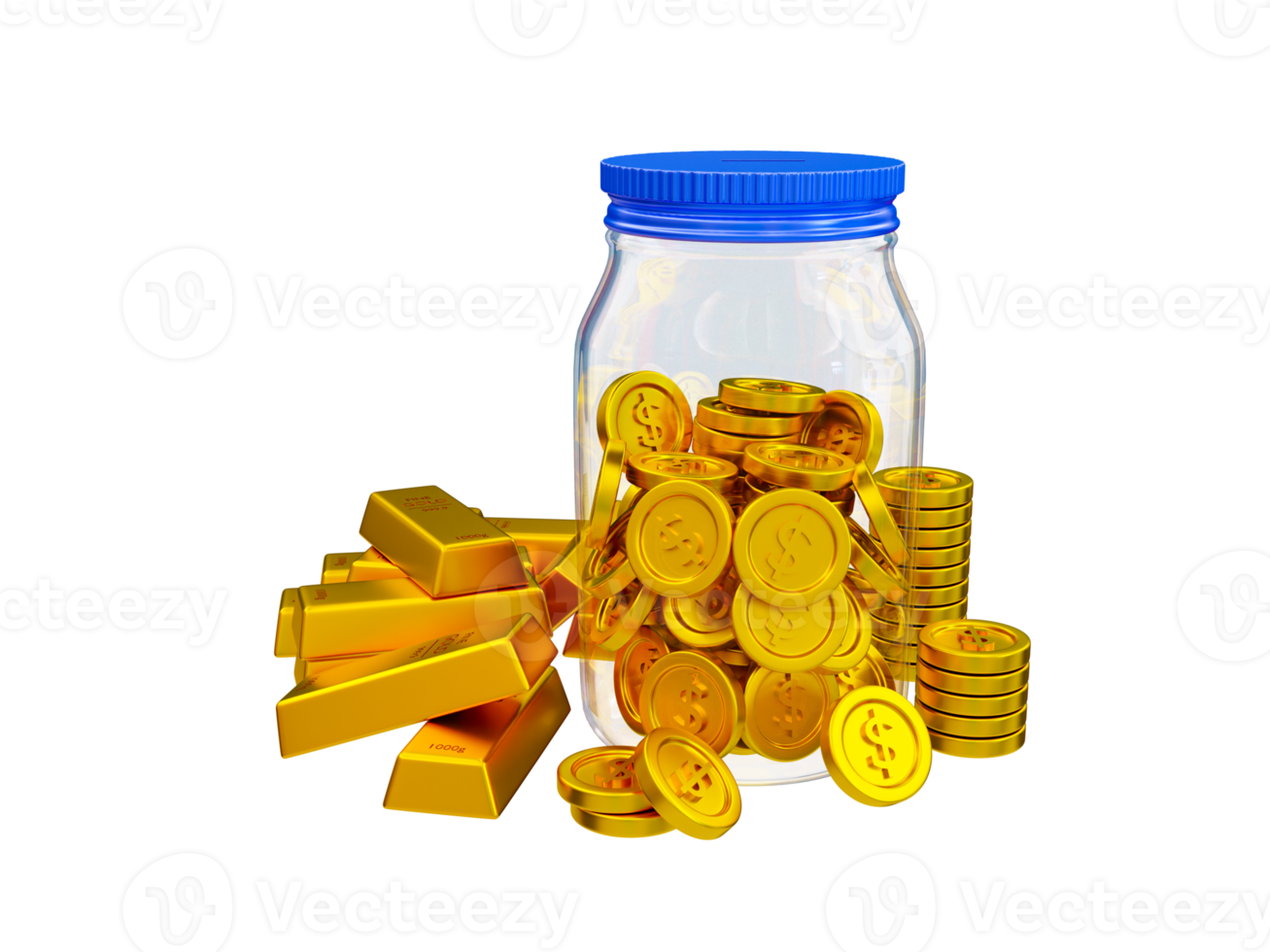 3d realistic bullion and money. Investment concept. collecting money and gold for speculation concept. dollar coin in a glass jar and gold bars beside. 3d rendering illustration. png