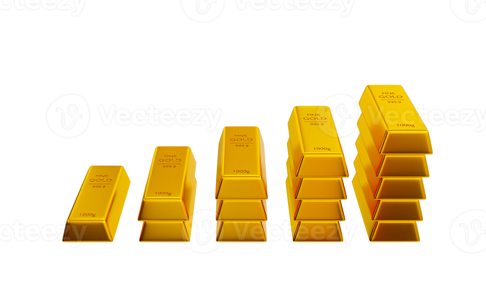 3d realistic stack of gold. gold growth concept. the growing pile of gold bars. 3d rendering illustration. png