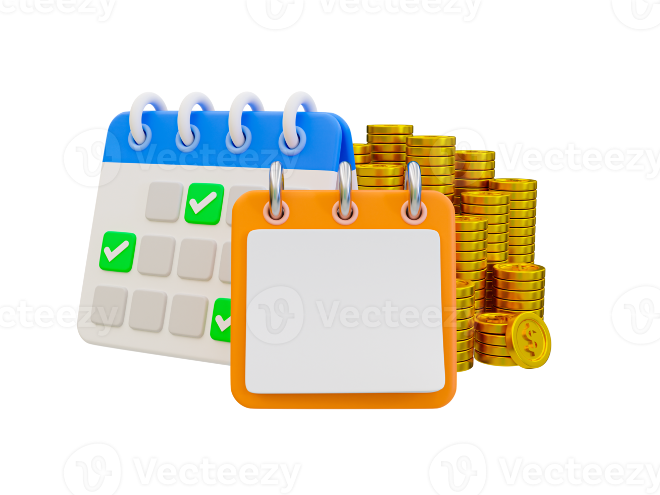 3d minimal time and money management. schedule management concept. calendar with a notebook and a pile of money. 3d rendering illustration. png