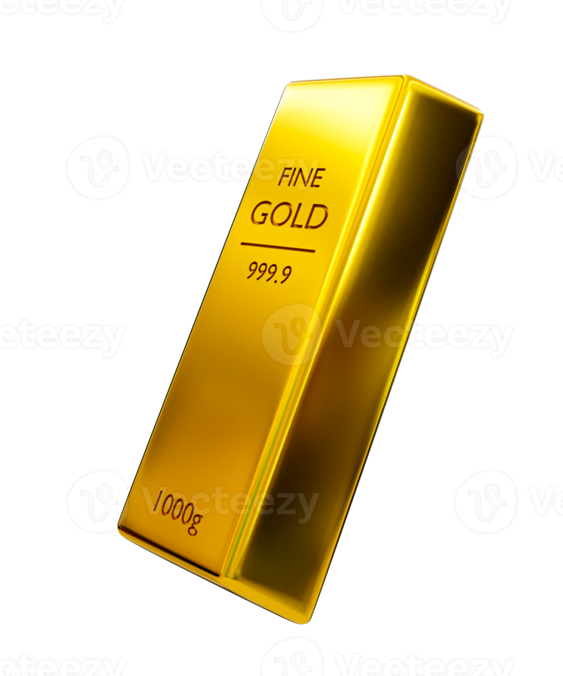 3d realistic fine gold. shiny gold bar. bullion. 3d rendering illustration. png