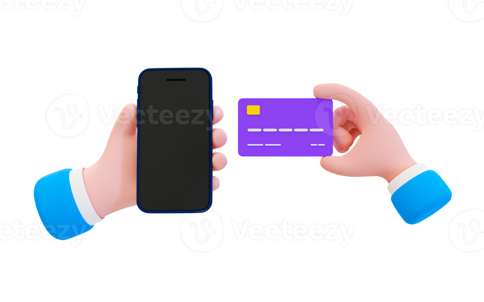 3d minimal moneyless concept. credit card checkout concept. online shopping concept. hand holding a smartphone and credit card. 3d rendering illustration. png