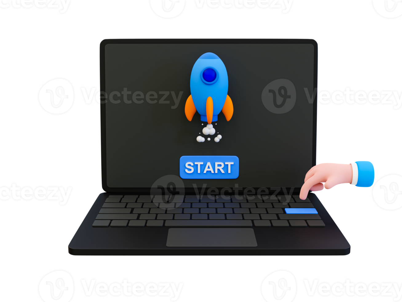 3d attività commerciale avviare concetto. missione cominciato. progetto lancio concetto. il computer portatile con un' verde inizio pulsante e razzo. 3d interpretazione illustrazione. png