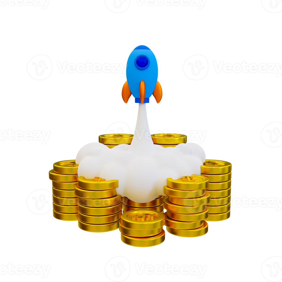 3d growing startup concept. business success. Project starting concept. rocket launching from coins. 3d rendering illustration. png