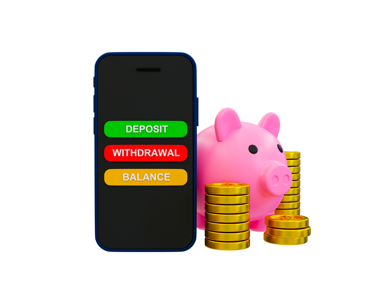 3d minimal bank account. money management concept. smartphone with piggy bank and coins. 3d rendering illustration. png