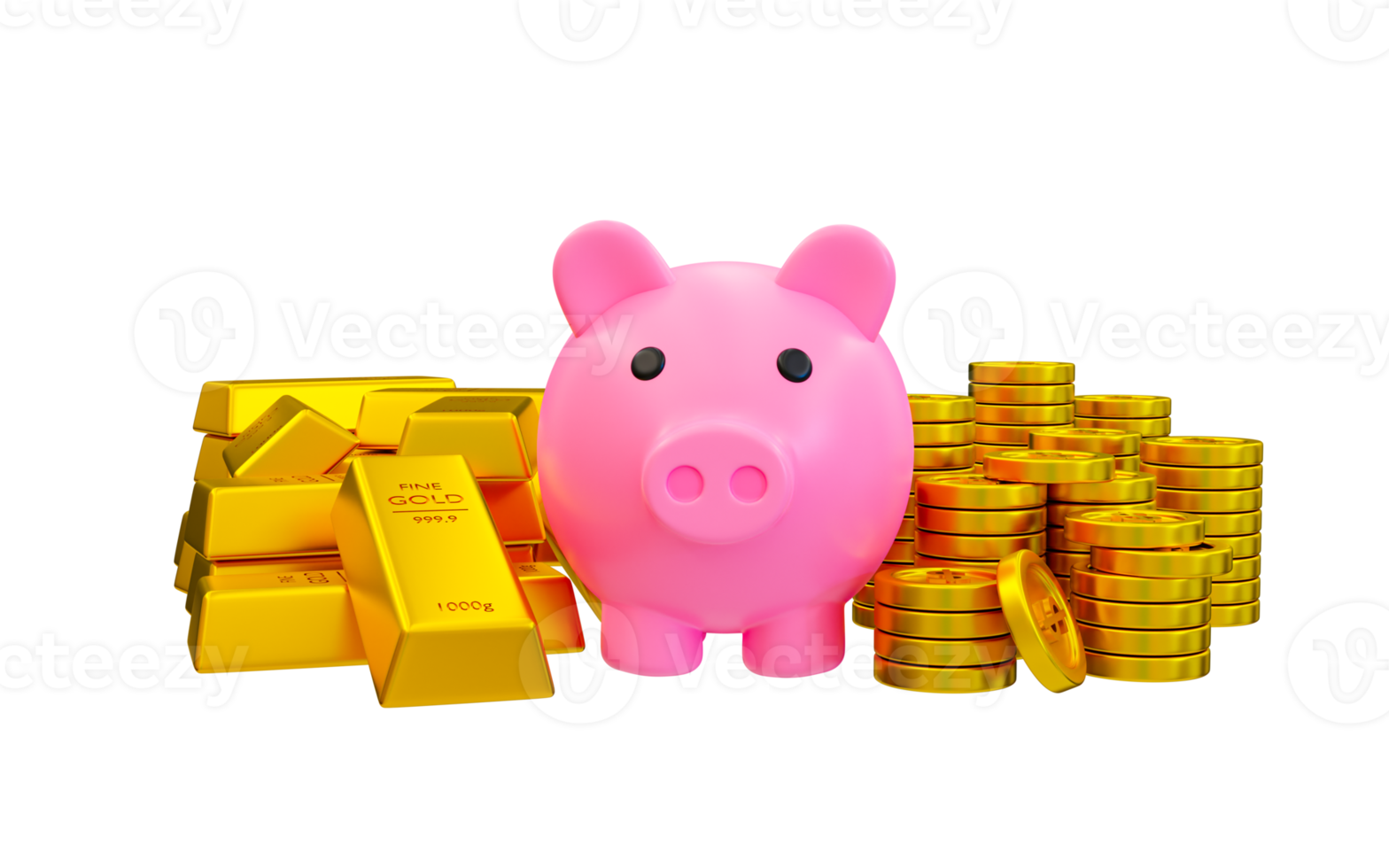 3d minimaal vermogensbesparend concept. Bedrijfsmiddel waardering concept. realistisch goud bars met varkentje bank, en een stapel van geld. 3d renderen illustratie. png