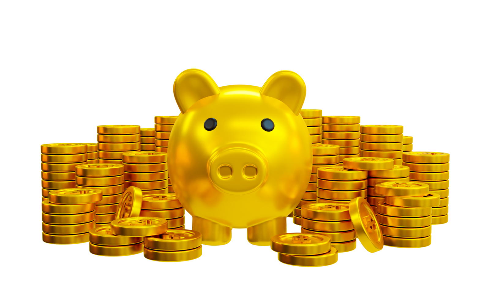 3d minimal money-saving concept. saving assets for retirement concept. golden piggy bank and a pile of money. 3d rendering illustration. png