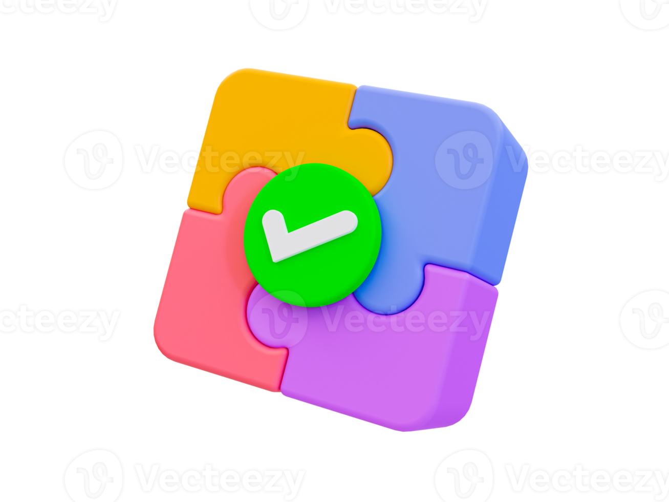3d mínimo rompecabezas resuelto resolución de problemas concepto. trabajo en equipo colaboración concepto. rompecabezas rompecabezas conectando juntos con un marca de verificación. 3d ilustración. png