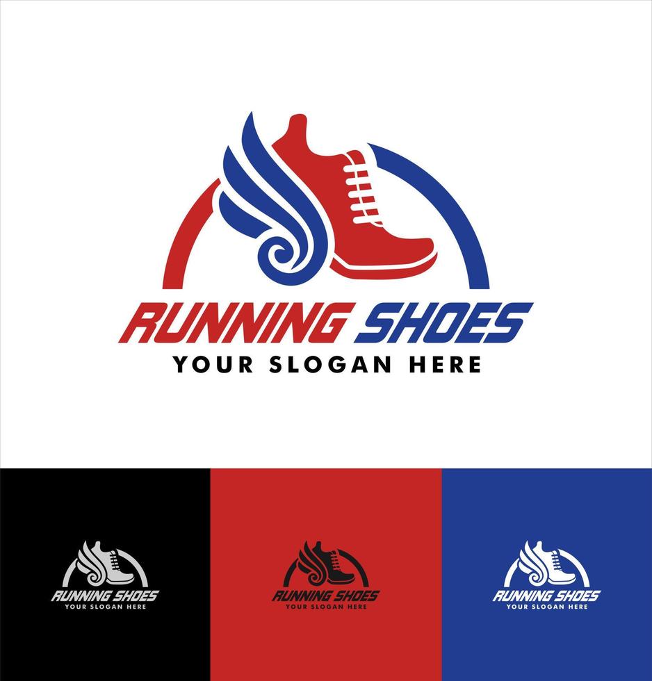 Running sport shoes speed running logo vector design. abstract emblem, design concept, logos, logotype element for template. with movement symbol wing elements, suitable for sports shoes shop.