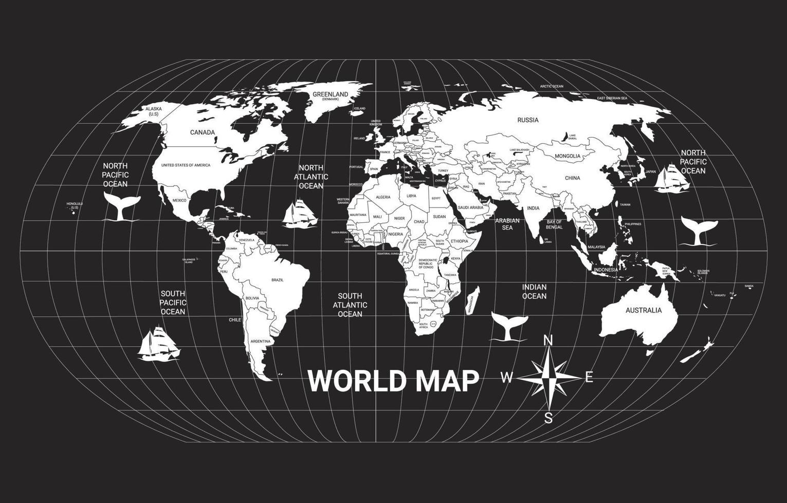 detallado mundo mapa en negro y blanco vector