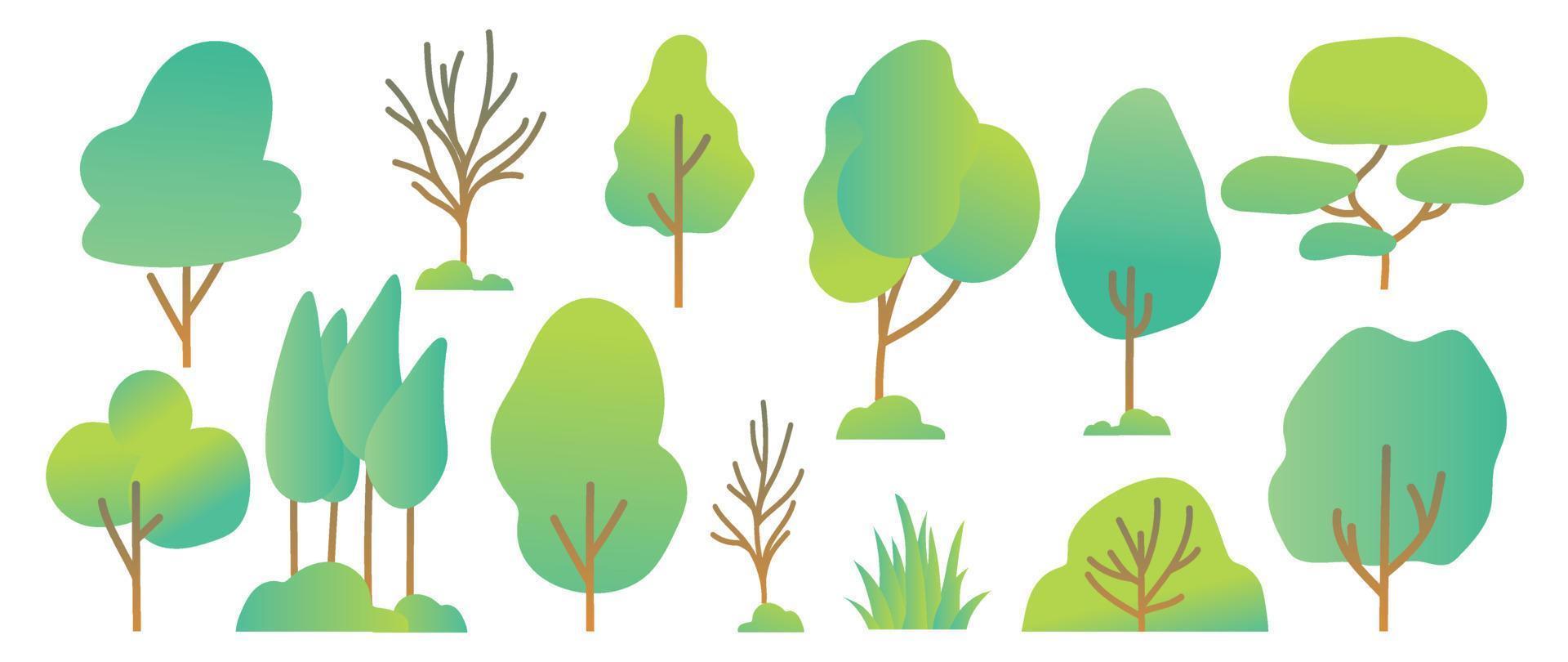 Set of cartoon trees vector. Simple modern style flat forest, jungle, coconut trees, deciduous meadow cute green plants. Design illustration for agricultural garden, nature park, comic landscape. vector