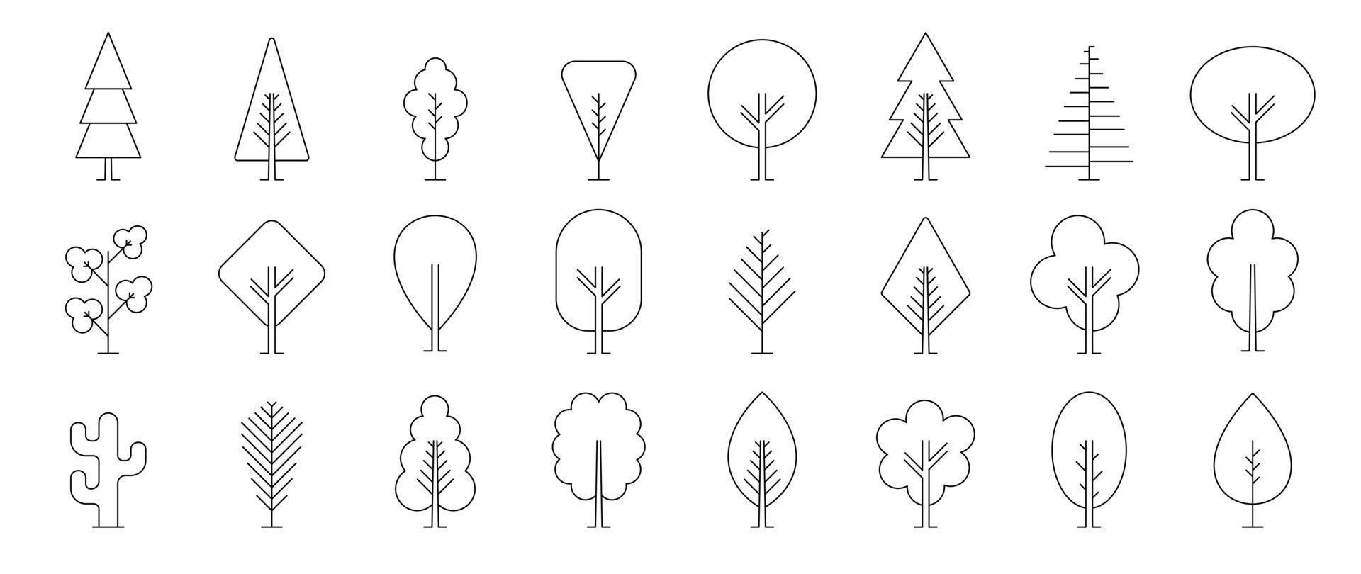 Set of trees linear vector icon. Geometric tree shape, plants, pine, nature and ecology related vector symbol hand drawn contour collection. Line art illustration design for logo, sticker, branding.