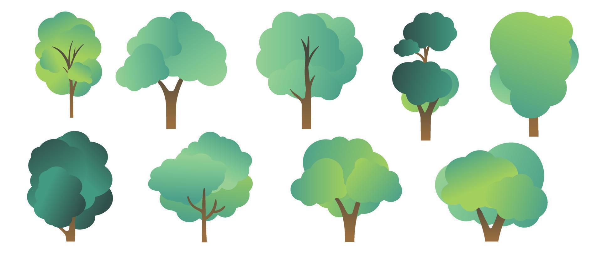 Set of cartoon trees vector. Simple modern style flat forest, jungle, coconut trees, deciduous meadow cute green plants. Design illustration for agricultural garden, nature park, comic landscape. vector