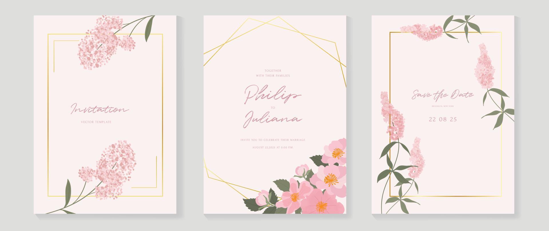 Luxury wedding invitation card background vector. Elegant watercolor botanical pink theme wildflowers and geometric gold frame texture. Design illustration for wedding and vip cover template, banner. vector