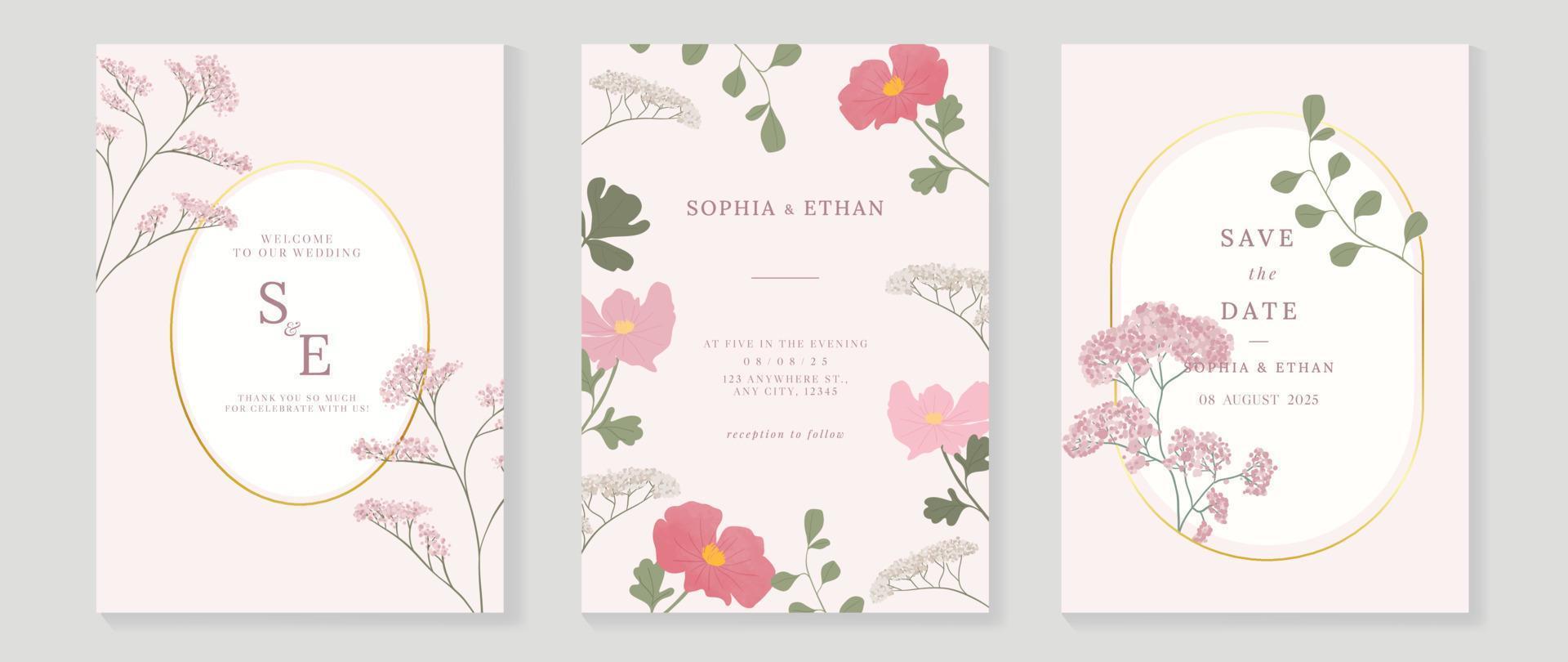 Luxury wedding invitation card background vector. Elegant watercolor botanical pink theme wildflowers and geometric gold frame texture. Design illustration for wedding and vip cover template, banner. vector