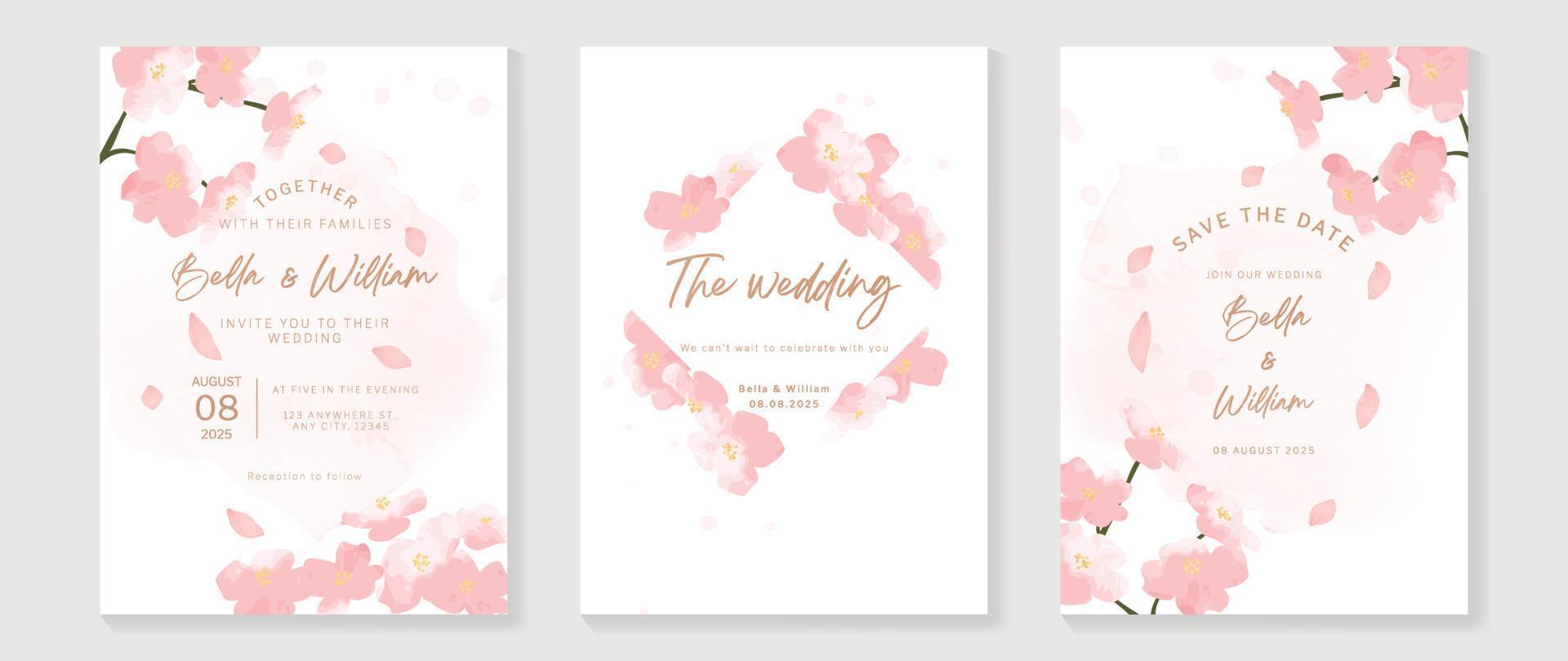 Luxury wedding invitation card background vector. Elegant hand drawn watercolor botanical pink theme wildflowers, floral petal texture. Design illustration for wedding and vip cover template, banner. vector