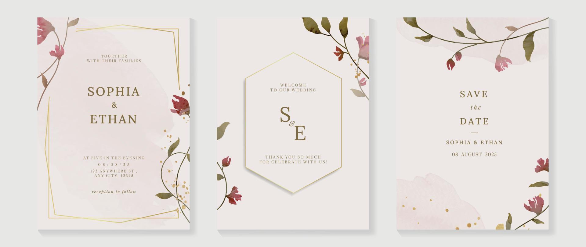Luxury wedding invitation card background vector. Elegant watercolor botanical floral leaf branch and geometric gold frame texture. Design illustration for wedding and vip cover template, banner. vector