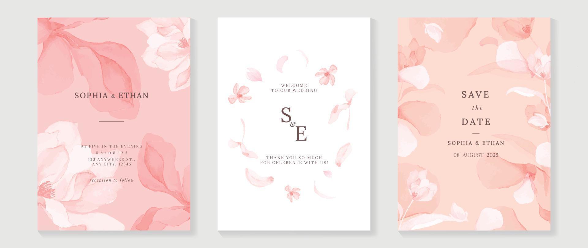 Luxury wedding invitation card background vector. Elegant watercolor botanical pastel pink, beige, earth tone theme wildflowers texture. Design illustration for wedding and vip cover template, banner. vector