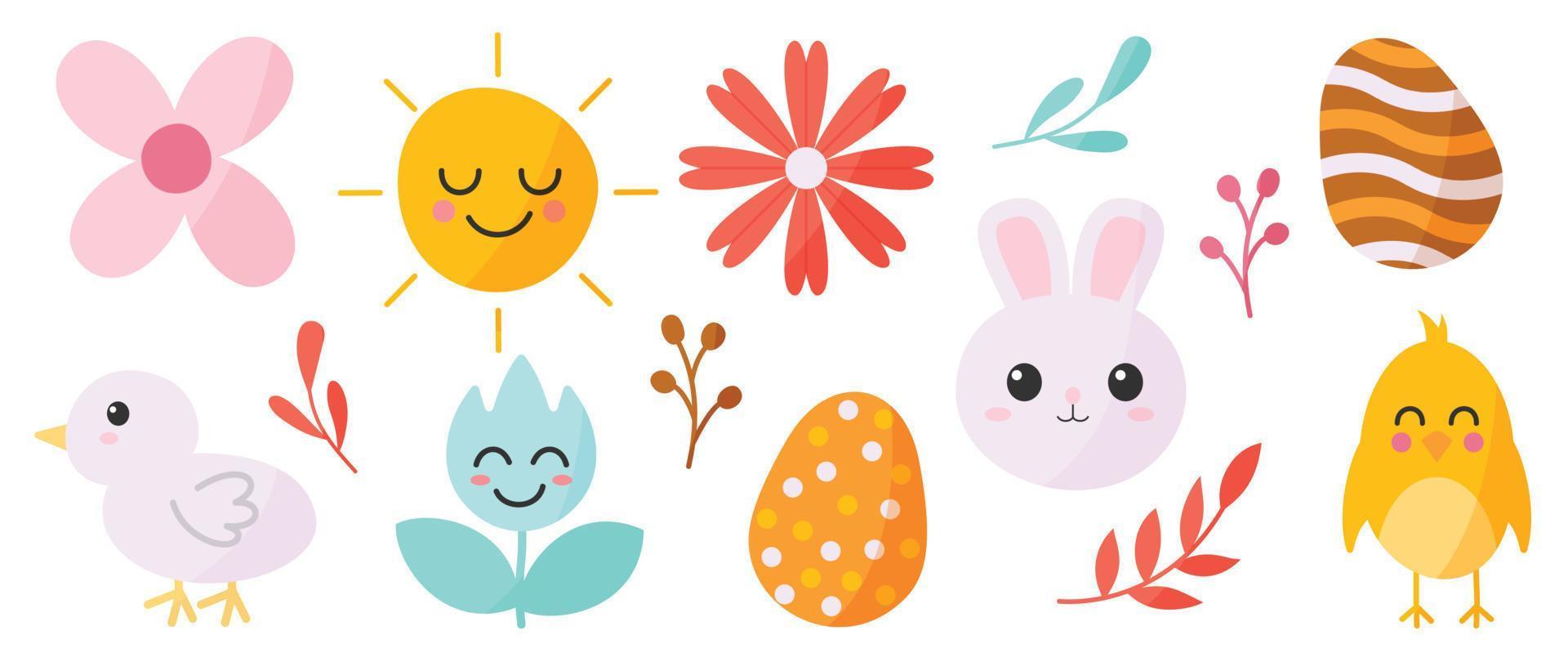 Happy Easter comic element vector set. Cute hand drawn rabbit, chicken, easter egg, sun, spring, tulip flower, leaf branch. Collection of doodle animal and adorable design for decorative, card, kids.