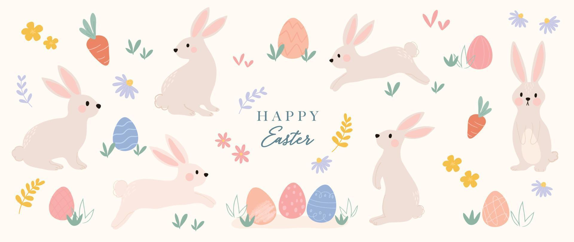 Happy Easter comic element vector set. Hand drawn cute playful rabbit, easter eggs, spring flowers, leaf branch, carrot. Collection of doodle animal and adorable design for decorative, card, kids.