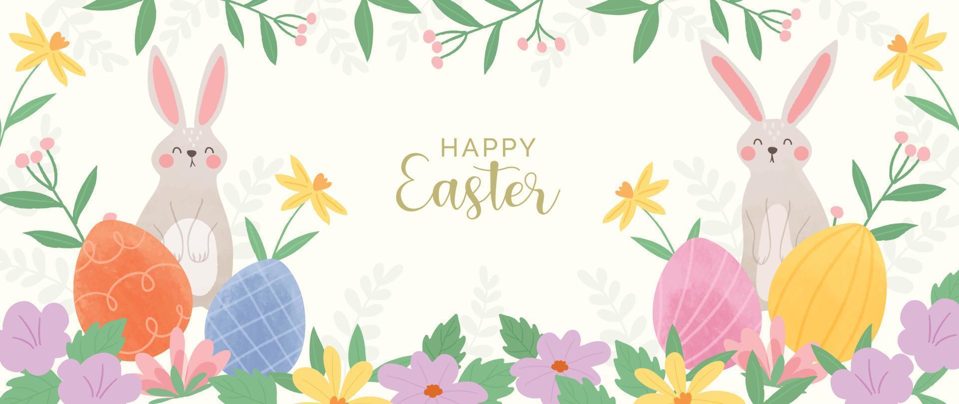 Happy Easter watercolor element background vector. Hand painted cute rabbits with easter eggs, spring flowers and leaf branch. Collection of adorable doodle design for decorative, card, kids, banner. vector