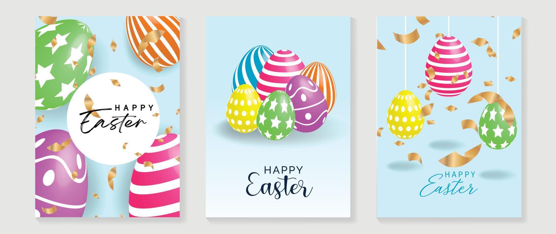 Happy Easter luxury element cover vector set. Elegant 3D shiny colorful pattern easter eggs with gold confetti ribbon on blue background. Adorable glamorous design for decorative, card, kids, poster.