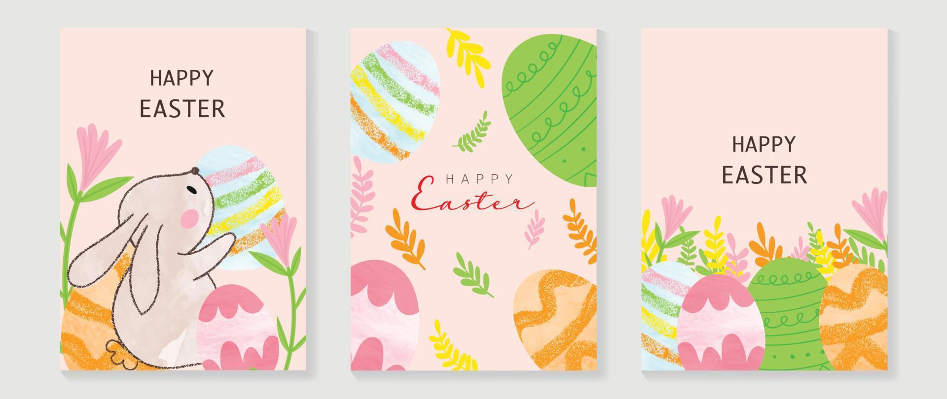 Happy Easter element cover vector set. Hand drawn watercolor cute rabbit decorate with easter eggs, floral leaves on pastel background. Collection of adorable doodle design for decorative, card, kids.