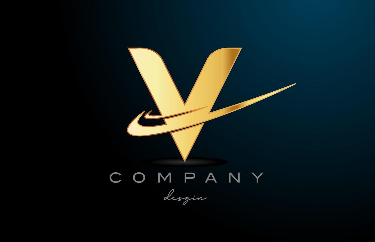 V alphabet letter logo with double swoosh in gold golden color. Corporate creative template design for company vector