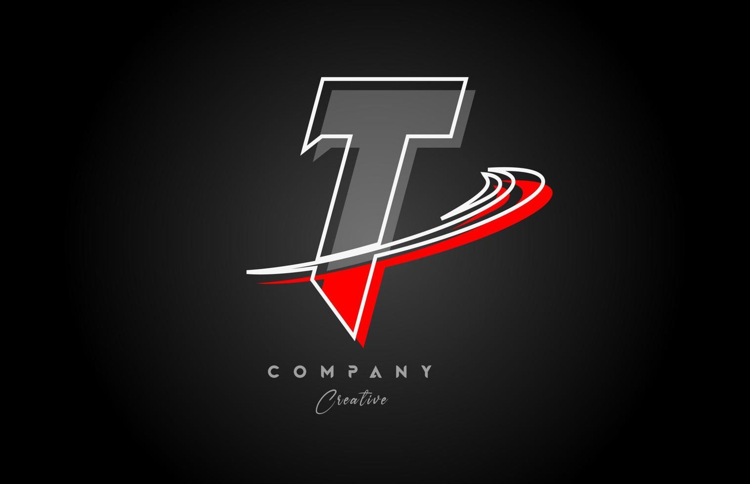 red grey line T alphabet letter logo icon design with swoosh and shadow. Creative template for company and business vector