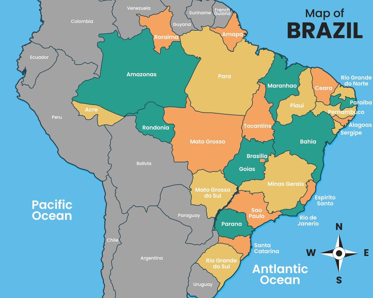 Brasil mapa con rodeando frontera vector