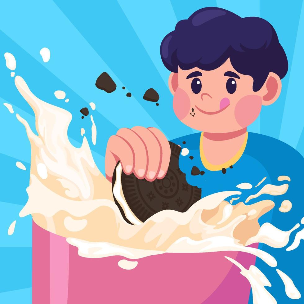 A Boy Dipping Cookie into a Glass of Milk vector