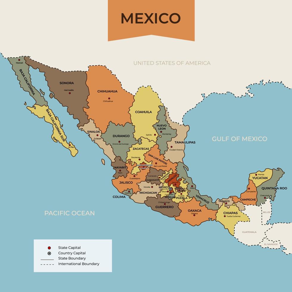 mapa de mexico con rodeando fronteras vector