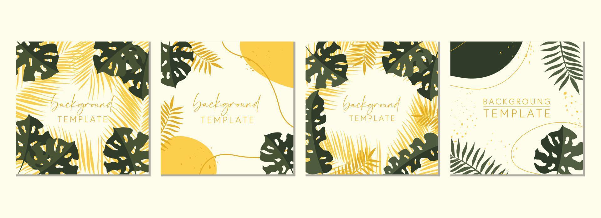 Abstract set of square templates with tropical leaves and geometric shapes. Good for social media posts, mobile apps, banner designs and online promotions. Tropical vector background collection.