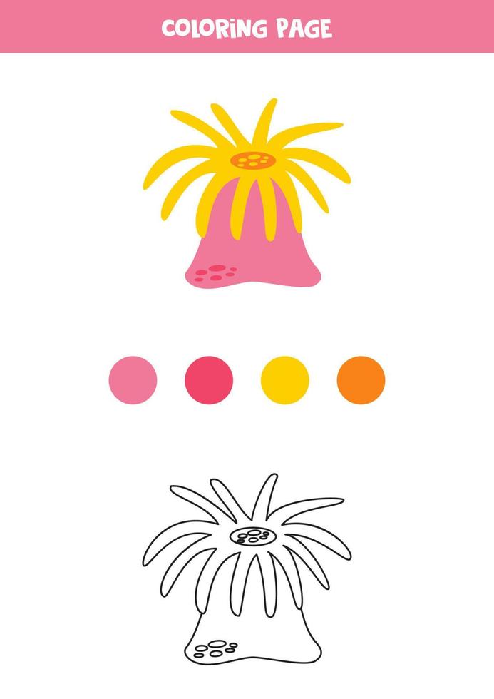 Color cute sea anemone. Worksheet for kids. vector