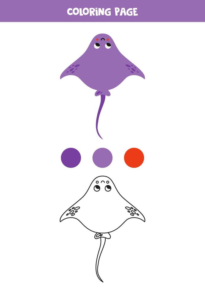 Color cute cartoon purple stingray. Worksheet for kids. vector