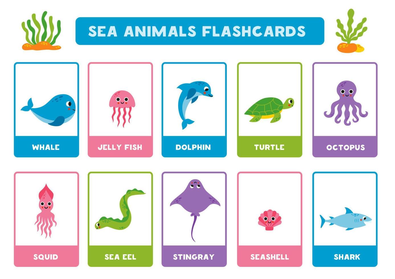 Cute cartoon sea animals with names. Flashcards for learning English. vector