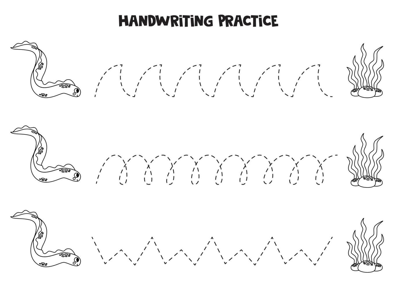 Tracing lines for kids. Cute sea eel and seaweed. Writing practice. vector