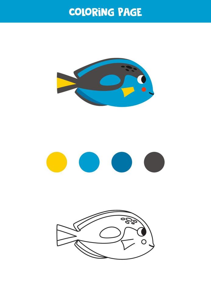 Coloring page with cute blue tang fish. Worksheet for children. vector